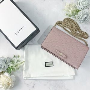 Gucci GG Guccissima Pink Signature Bow Tie Wallet on Chain Crossbody Bag Clutch